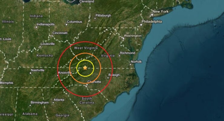 The earthquake struck at the orange dot inside the concentric colored circles. Image: USGS