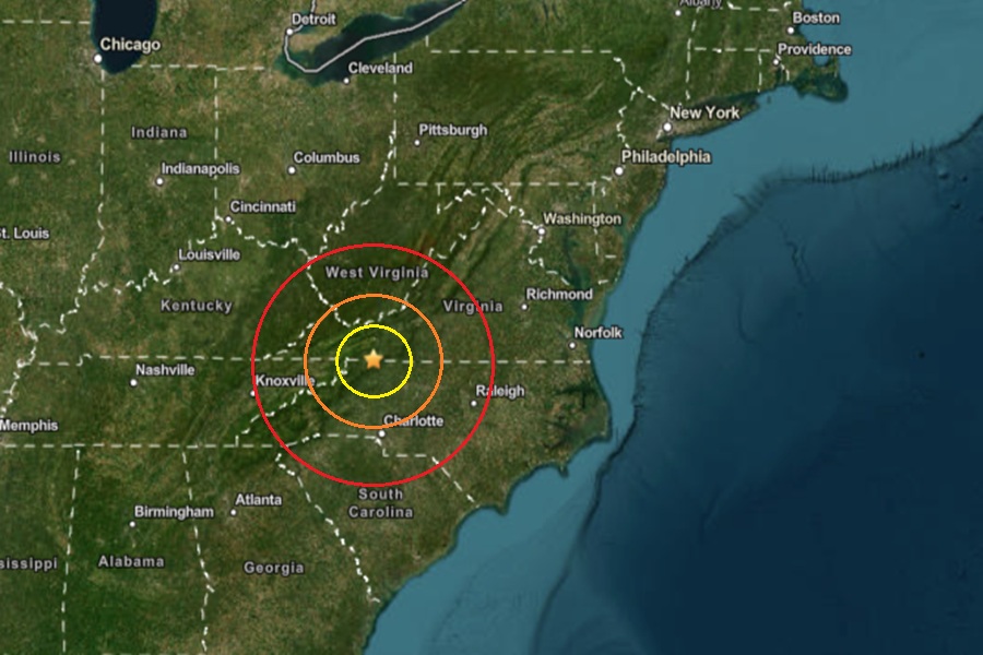 The earthquake struck at the orange dot inside the concentric colored circles. Image: USGS