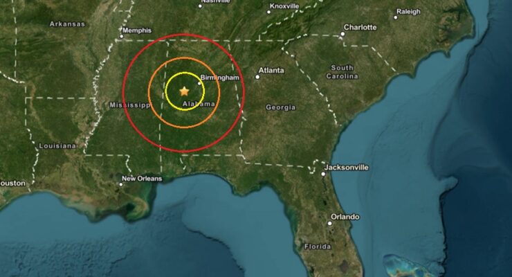 Today's earthquake was at the dot inside the colored, concentric circles. Image: USGS