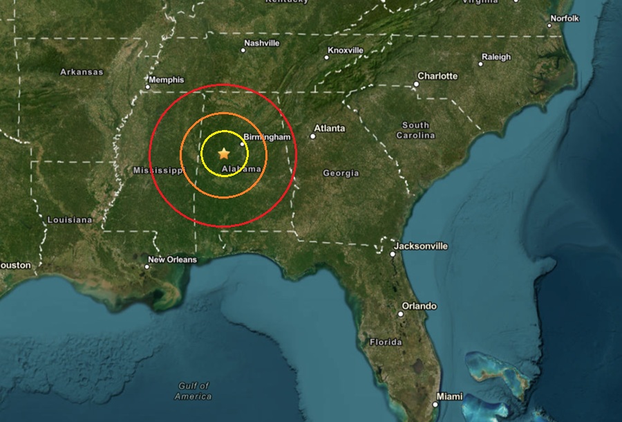 Today's earthquake was at the dot inside the colored, concentric circles. Image: USGS