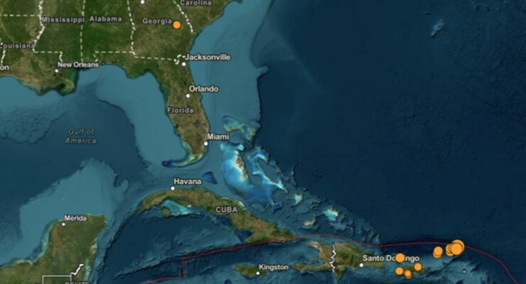 Each orange dot represents the epicenter of a unique earthquake that has struck within the last 24 hours. Image: USGS
