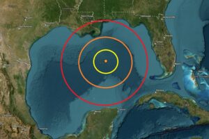 Last night's earthquake struck at the orange dot inside the colored concentric circles on the map. Image: USGS