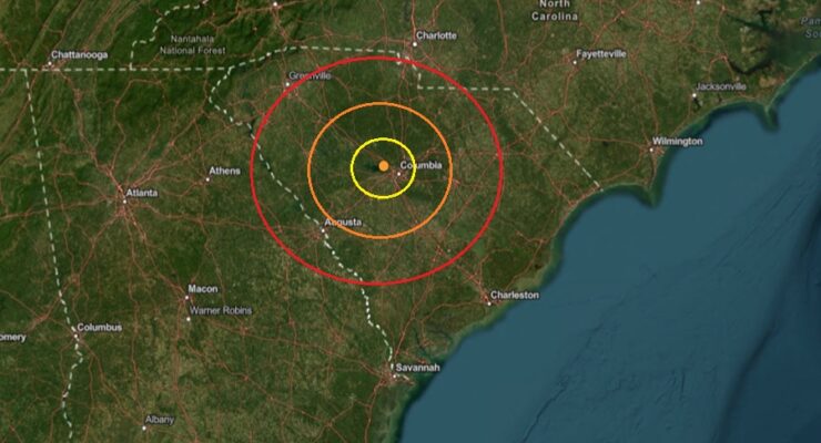 Today's earthquake struck at the orange dot inside the colored, concentric circles on this map. Image: USGS