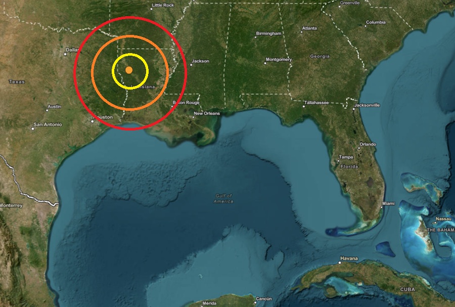 Today's earthquake struck at the orange dot inside the colored, concentric circles on this map. Image: USGS
