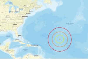 The epicenter of the earthquake was at the orange star inside the colored concentric circles on the map.  Image: USGS