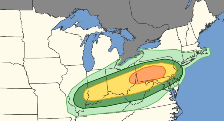 The shaded areas represent different risk levels of thunderstorm activity through the PM hours today. While thundershowers are possible in the light green areas, they could be severe in the dark green areas. The yellow feature has a higher risk of severe thunderstorm activity while the orange area has the highest risk today. Image: SPC
