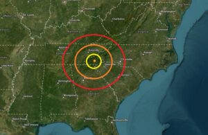 Both earthquakes struck near the orange dot on this map inside the colored concentric circles. Image: USGS