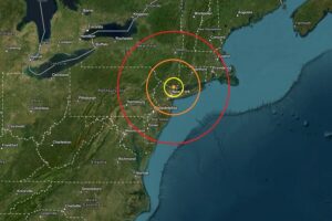 Today's earthquake struck at the orange dot inside the colored concentric circles on this map. Image: USGS