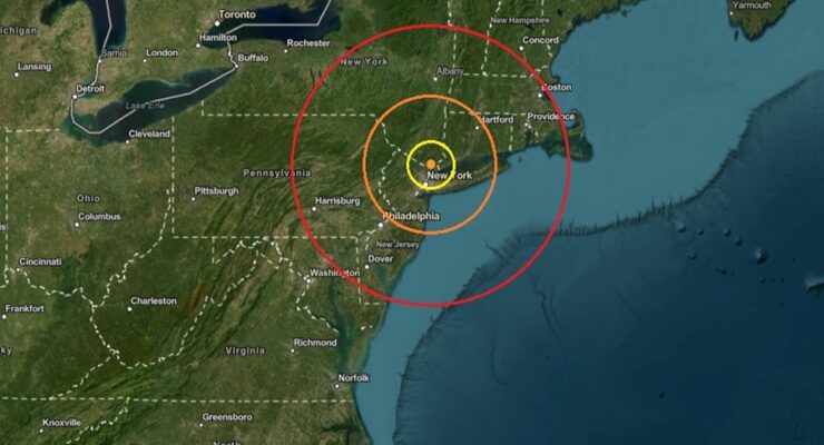 Today's earthquake struck at the orange dot inside the colored concentric circles on this map. Image: USGS