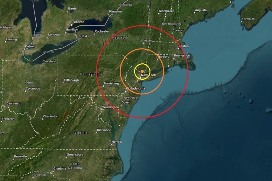 Today's earthquake struck at the orange dot inside the colored concentric circles on this map. Image: USGS