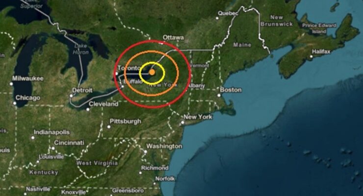 The epicenter of the earthquake was at the orange dot inside the colored concentric circles on this map. Image: USGS