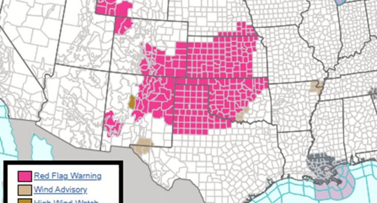 Red Flag Warnings have been issued for counties painted in hot pink on this map. Image: NWS