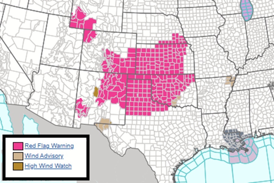 Red Flag Warnings Issued for Fire Threat Across Portions of Texas, Colorado, Arizona, Kansas, & Oklahoma