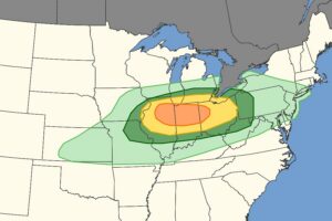 On Thursday, there is a risk of thundershower activity in all of the shaded areas. The dark green represents a threat of severe storms while the yellow area reflects a greater risk. The area in orange is at greatest risk of seeing severe thunderstorms on Thursday. Image: SPC
