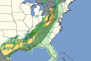 While the areas in light green could see thundershowers, some severe thunderstorms are possible in the dark green areas. There's an even higher chance of severe thunderstorms in the yellow shaded areas. Meanwhile, a Tornado Watch is in effect for the area circled in red while a Severe Thunderstorm Watch is in effect for areas circled in blue. Image: NWS SPC