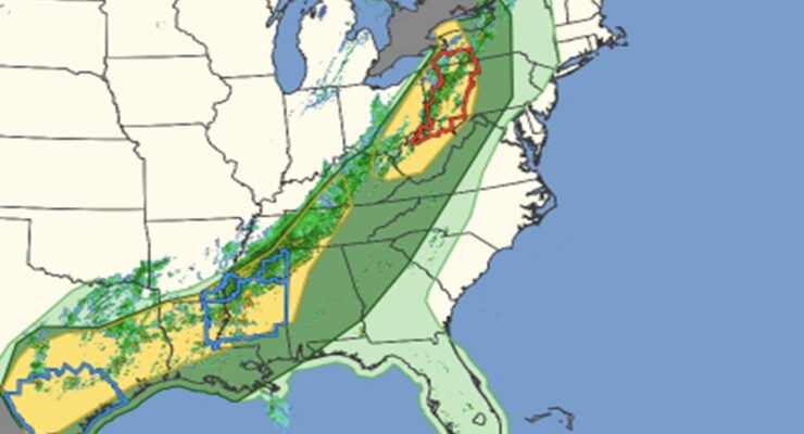 While the areas in light green could see thundershowers, some severe thunderstorms are possible in the dark green areas. There's an even higher chance of severe thunderstorms in the yellow shaded areas. Meanwhile, a Tornado Watch is in effect for the area circled in red while a Severe Thunderstorm Watch is in effect for areas circled in blue. Image: NWS SPC