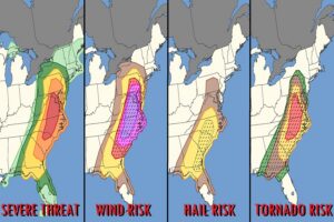 Monday will feature a variety of severe weather. On the first panel on the left, the threat level is depicted, with thunderstorms possible in the shaded regions. There is a heightened risk of severe storms in the dark green area, a higher risk in the yellow zone, an even higher risk in the orange zone, and the highest risk in the red zone. In the second panel, the shaded areas reflect the risk of damaging, severe winds; here the highest risk area is shaded in purple; the third panel reflects the risk for large, destructive hail, with the yellow shaded area representing the greatest risk for that; the last panel shows the overall risk of tornadic activity, with all colors representing risk, with increasing risk from green to brown, brown to yellow, and yellow to red. Image: NWS SPC