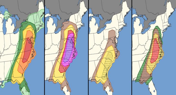 Monday will feature a variety of severe weather. On the first panel on the left, the threat level is depicted, with thunderstorms possible in the shaded regions. There is a heightened risk of severe storms in the dark green area, a higher risk in the yellow zone, an even higher risk in the orange zone, and the highest risk in the red zone. In the second panel, the shaded areas reflect the risk of damaging, severe winds; here the highest risk area is shaded in purple; the third panel reflects the risk for large, destructive hail, with the yellow shaded area representing the greatest risk for that; the last panel shows the overall risk of tornadic activity, with all colors representing risk, with increasing risk from green to brown, brown to yellow, and yellow to red. Image: NWS SPC