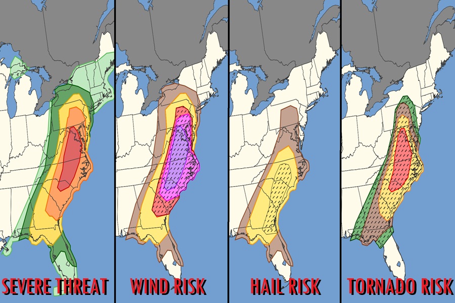 Severe Weather Outbreak Likely on East Coast on Monday