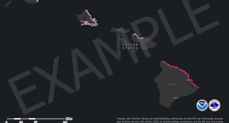 A sample image reflecting new storm surge advisory maps that will be available in Hawaii this upcoming hurricane season. Image: NHC