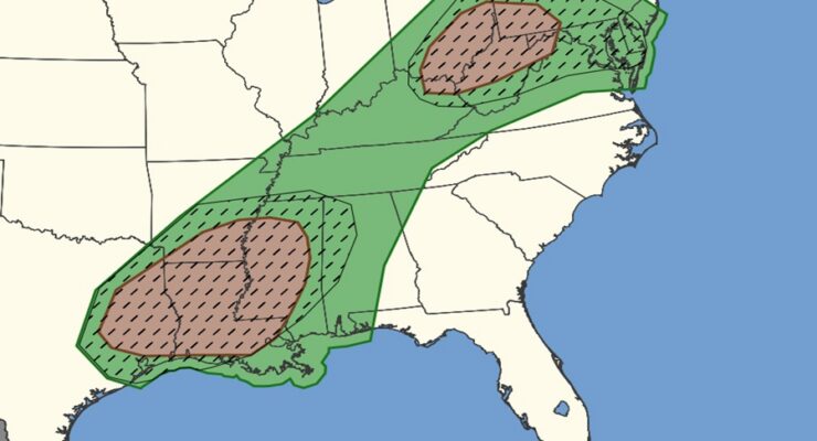 NOAA's Storm Prediction Center believes these shaded areas could see isolated tornadoes on Wednesday; the brown areas are more likely than the green areas to see tornadic thunderstorms. Any tornadoes that do form would be more potent in the hatched areas than the non-hatched areas. Image: NOAA SPC