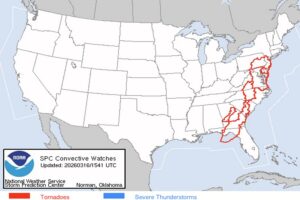 The areas outlined in red are under a Tornado Watch today. Image: NOAA NWS SPC