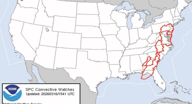 The areas outlined in red are under a Tornado Watch today. Image: NOAA NWS SPC