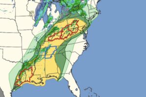 This map from NOAA's Storm Prediction Center outlines today's weather hazards. The dark green area represents where severe thunderstorms are possible; there's an even greater chance in the yellow shaded region. Areas within the red lines are currently under a Tornado Watch while areas within blue lines are under a Severe Thunderstorm Watch. The current weather RADAR is also overlayed on this map. Image: SPC