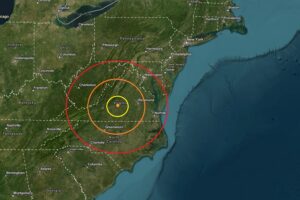 Today's earthquake struck at the orange dot inside the concentric colored circles on the map. Image; USGS