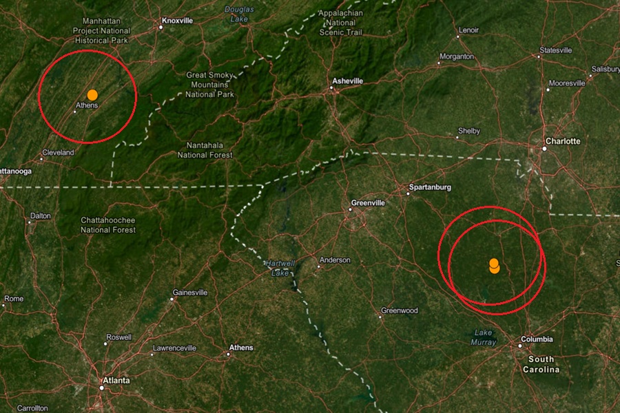 The earthquake epicenters are at the orange dots inside the red circles on this map. Image: USGS