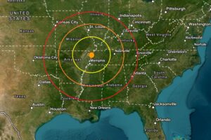 The epicenter for today's earthquake is at the orange dot inside the concentric colored circles on this map. Image: USGS