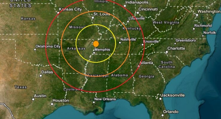 The epicenter for today's earthquake is at the orange dot inside the concentric colored circles on this map. Image: USGS