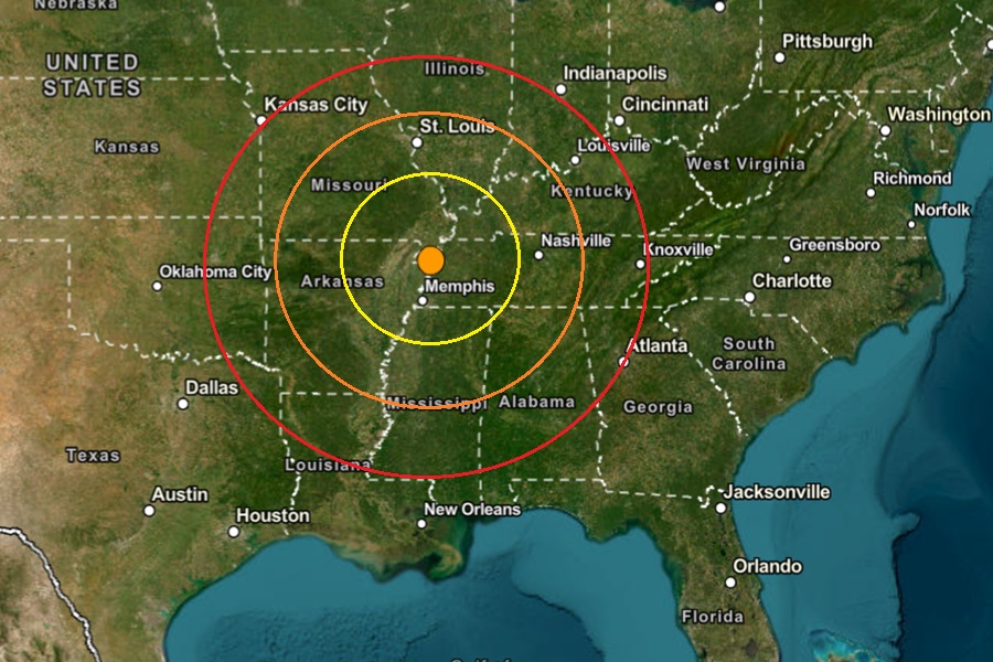 The epicenter for today's earthquake is at the orange dot inside the concentric colored circles on this map. Image: USGS