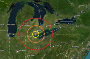Today's earthquake struck at the orange dot inside the colored concentric circles. Image: USGS