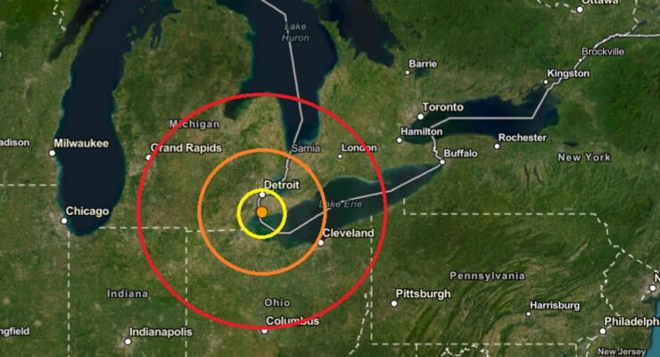 Today's earthquake struck at the orange dot inside the colored concentric circles. Image: USGS