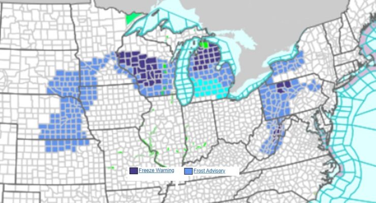 Frost and freeze related advisories are up across a broad area for tonight. Image: NWS