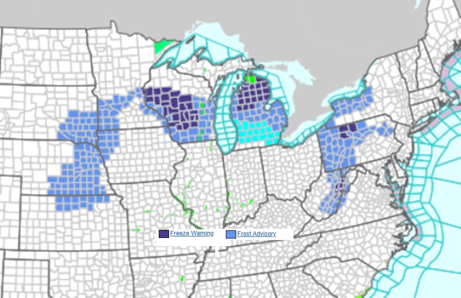 Frost and freeze related advisories are up across a broad area for tonight. Image: NWS