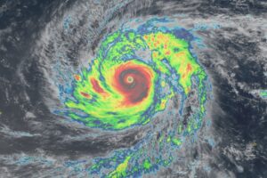 Current color-enhanced satellite view of Sinlaku as it approaches Guam and Saipan. Image: NOAA