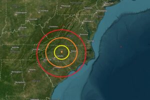 The epicenters for the two earthquakes were just a few thousand feet apart at the orange dot inside the colored concentric circles on this map. Image: USGS