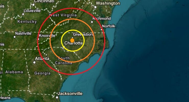 The earthquake's epicenter was at the orange dot inside the colored concentric circles on this map. Image: USGS