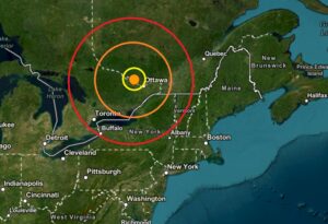 An earthquake struck at the orange dot inside the colored concentric circles on this map. Image: USGS