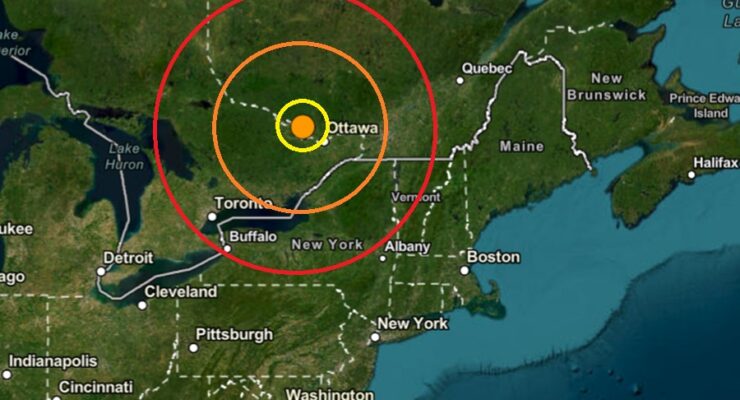 An earthquake struck at the orange dot inside the colored concentric circles on this map. Image: USGS