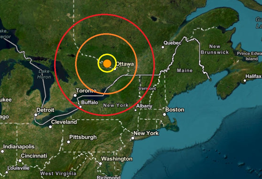 An earthquake struck at the orange dot inside the colored concentric circles on this map.  Image: USGS
