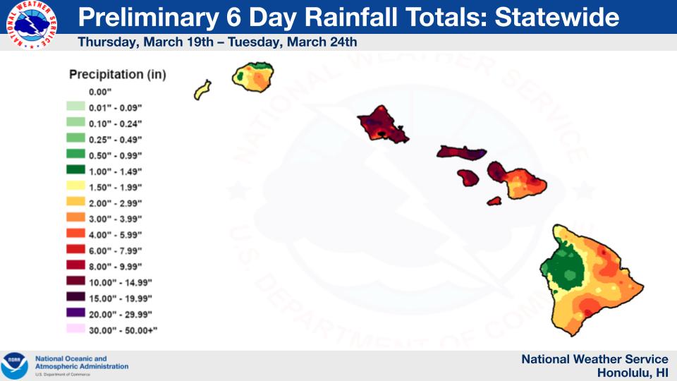 Extremely heavy rain fell across Hawaii from the last Kona Low event. Image: NWS