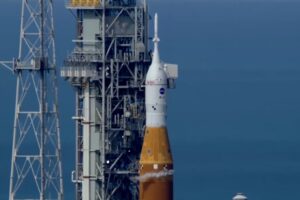 The Orion capsule sits atop the SLS rocket on launch day (April 1, 2026) at NASA's Kennedy Space Center. Astronauts will travel around the Moon inside the Orion capsule. Image: NASA