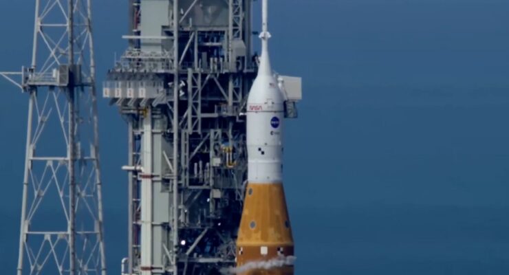 The Orion capsule sits atop the SLS rocket on launch day (April 1, 2026) at NASA's Kennedy Space Center. Astronauts will travel around the Moon inside the Orion capsule. Image: NASA