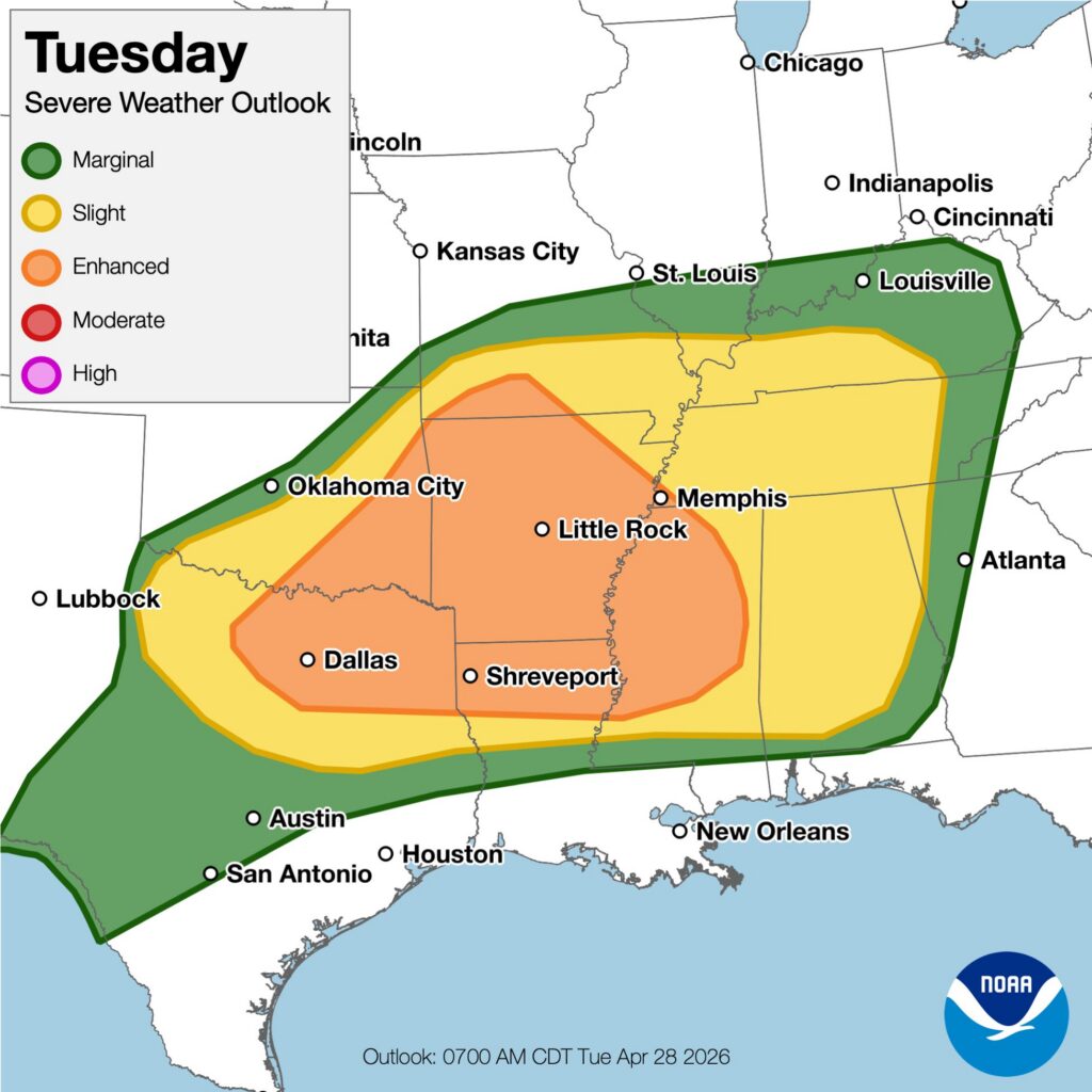 More severe weather is expected today, with the greatest risk in and near the orange zone. Image: NWS