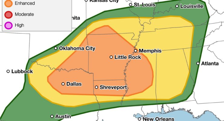 More severe weather is expected today, with the greatest risk in and near the orange zone. Image: NWS