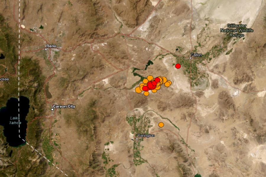 Each dot represents the epicenter of an earthquake over the last 24 hours, with the red dots reflecting the most recent earthquakes. Image: USGS
