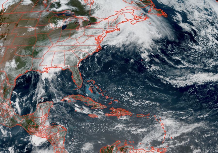 Current satellite view of the Atlantic hurricane basin from the GOES-East weather satellite. Image: NOAA